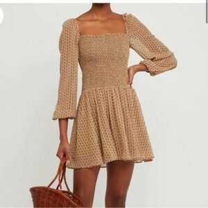 Kourt Calypso Women Tan Smocked Geometric Puff Sheer Sleeve Dress Size Medium